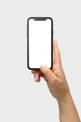 Mockup of female hand holding a black smartphone  with blank screen isolated on light grey background | App & UI Mockups 