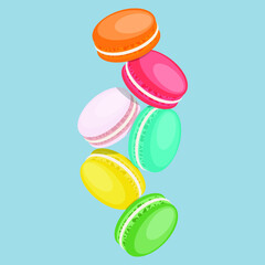 Vector illustration . Macaroons . French sweets . Colorful macaroons on blue background .