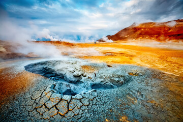 Dramatic view of the geothermal area Hverir (Hverarond). Location place Myvatn lake, Iceland,...