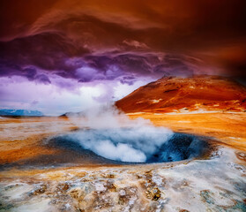 Dramatic view of the geothermal area Hverir (Hverarond). Location place Myvatn lake, Iceland, Europe.