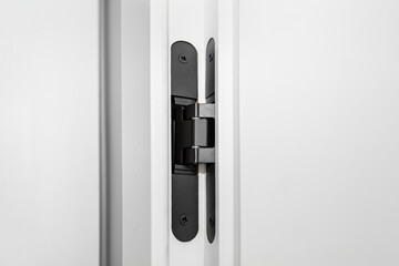 Modern white door with solid black hinges, visible fixing screws.