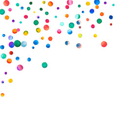 Watercolor confetti on white background. Actual rainbow colored dots. Happy celebration square colorful bright card. Decent hand painted confetti.