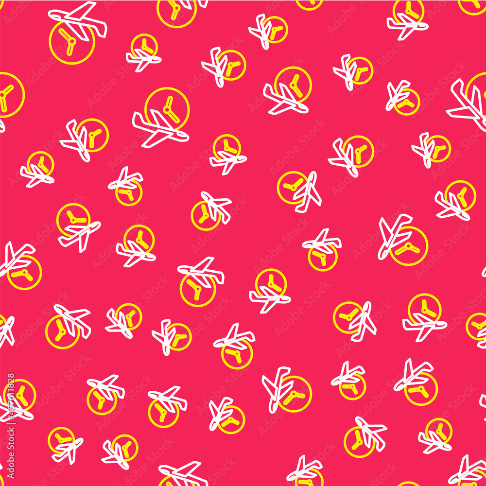 Poster line flight time icon isolated seamless pattern on red background. vector
