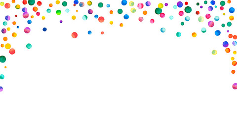 Watercolor confetti on white background. Alluring rainbow colored dots. Happy celebration wide colorful bright card. Amusing hand painted confetti.