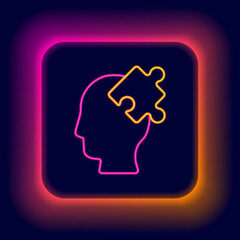 Glowing neon line Solution to the problem in psychology icon isolated on black background. Puzzle. Therapy for mental health. Colorful outline concept. Vector