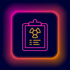 Glowing neon line Radiation warning document icon isolated on black background. Text file. Colorful outline concept. Vector