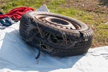 Blown car tyre