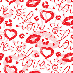 Vector seamless pattern. Written red lipstick printing. Repeating lettering, heart, lips prints. Repeated background. Beauty backdrop. Design with symbols love for printed. Texture romantic concept 