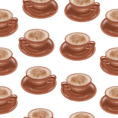 Seamless pattern with coffee cups. The composition for the design of the fabric. Illustration for a holiday, a party and invitations. Decoration for the interior. Autumn drawing.