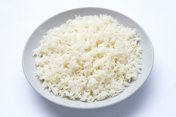 Dish of rice on white background.