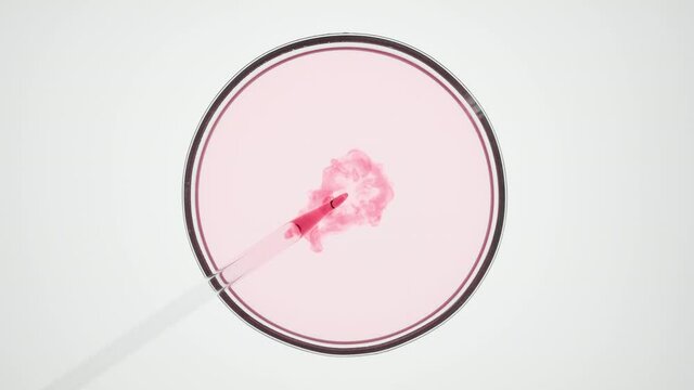 Top view macro shot of lab dropper injects red liquid into light pink one in petri dish on white background | Abstract skincare ingredients mixing concept