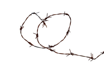 Rusty barb wire isolated on white background. Heart shape