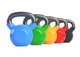 Naklejka na ściany i meble Set iron kettlebell isolated on white background. Gym and fitness equipment. Workout tools. Sport training and lifting concept. 3D rendering illustration