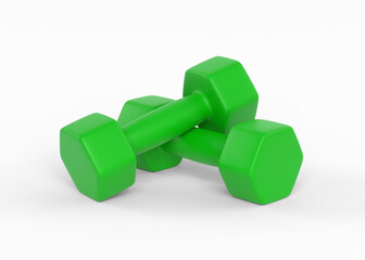 Green rubber or plastic fitness dumbbells isolated on white background. Gym and fitness equipment. Workout tools. Sport training and lifting concept. 3D rendering illustration