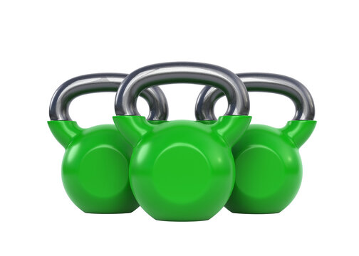 Set green iron kettlebell isolated on white background. Gym and fitness equipment. Workout tools. Sport training and lifting concept. 3D rendering illustration