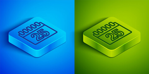 Isometric line Calendar icon isolated on blue and green background. Event reminder symbol. Square button. Vector