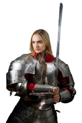 A beautiful warrior woman  with a sword and in armor, Medieval knight  on white background