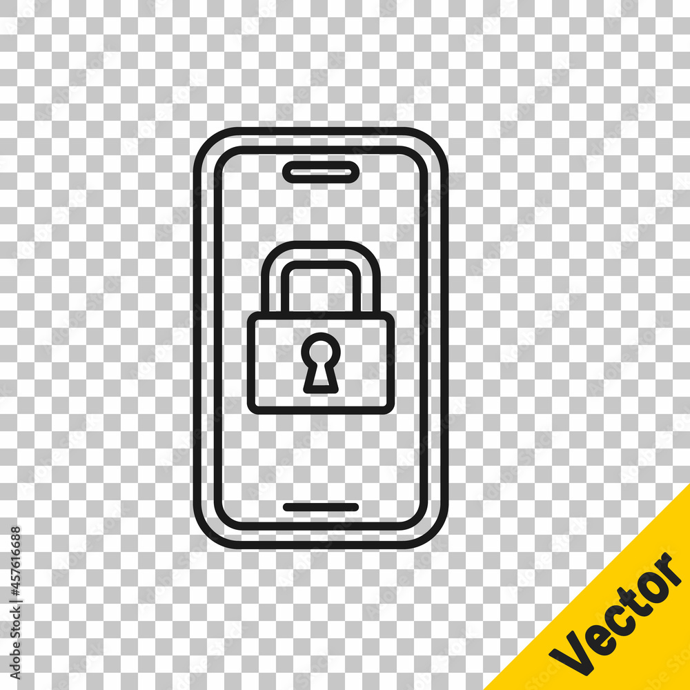 Poster black line digital door lock with wireless technology for lock icon isolated on transparent backgrou