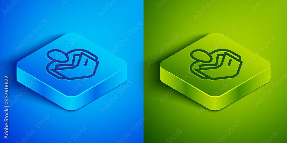 Poster isometric line man reading book icon isolated on blue and green background. square button. vector