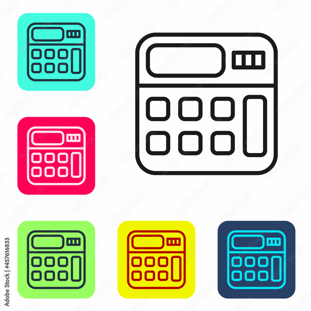 Poster black line calculator icon isolated on white background. accounting symbol. business calculations ma