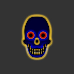 Blue smiling skull with yellow glowing edges isolated on the dark gray background
