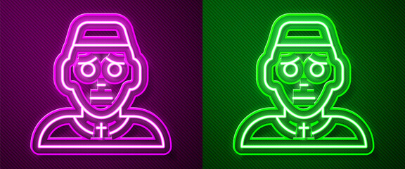 Glowing neon line Priest icon isolated on purple and green background. Vector