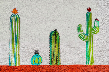 Sketch illustration of many cactus on a wall