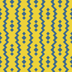 Geometric ethnic pattern. Illustration with blue and green zigzag shapes, rhombus, diamond. Vector background is used in the design of carpets, textiles, clothing, wallpaper, cover, packaging