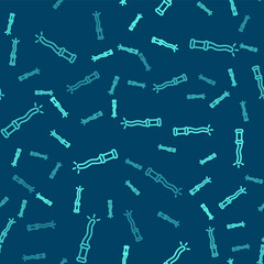 Green line Magic wand icon isolated seamless pattern on blue background. Star shape magic accessory. Magical power. Happy Halloween party. Vector