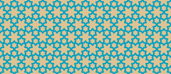 Vector abstract geometric seamless pattern. Traditional Moroccan ornament with lines, elegant lattice, mesh, grid, floral shapes, stars. Ornamental background. Turquoise and gold color. Repeat design