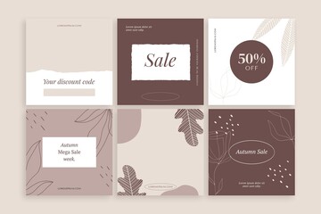 hand drawn autumn sale instagram posts collection with photo vector design illustration