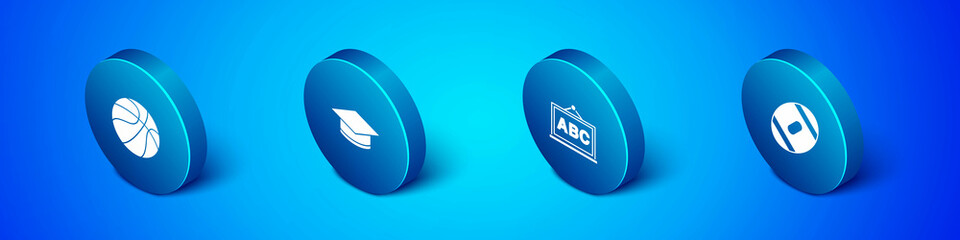 Set Isometric Basketball ball, Chalkboard, American Football and Graduation cap icon. Vector