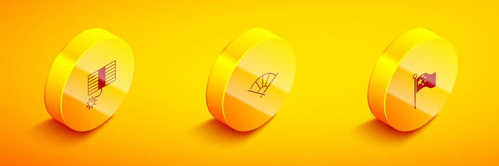 Set Isometric Firework, Chinese japanese folding fan and China flag on flagpole icon. Vector