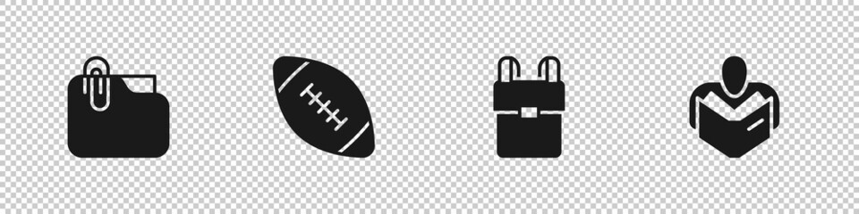 Set Document folder with clip, American football ball, School backpack and Man reading book icon. Vector