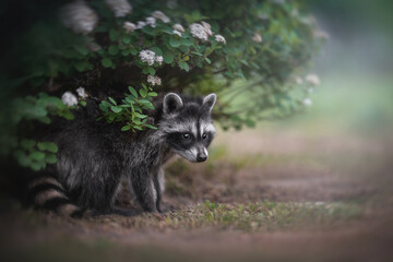 A cute little raccoon sitting under a green bush surrounded by white flowers against the backdrop of a bright summer landscape