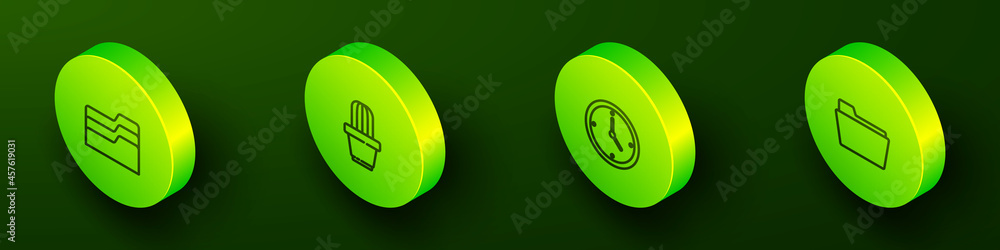 Poster set isometric line document folder, cactus and succulent in pot, clock and icon. vector