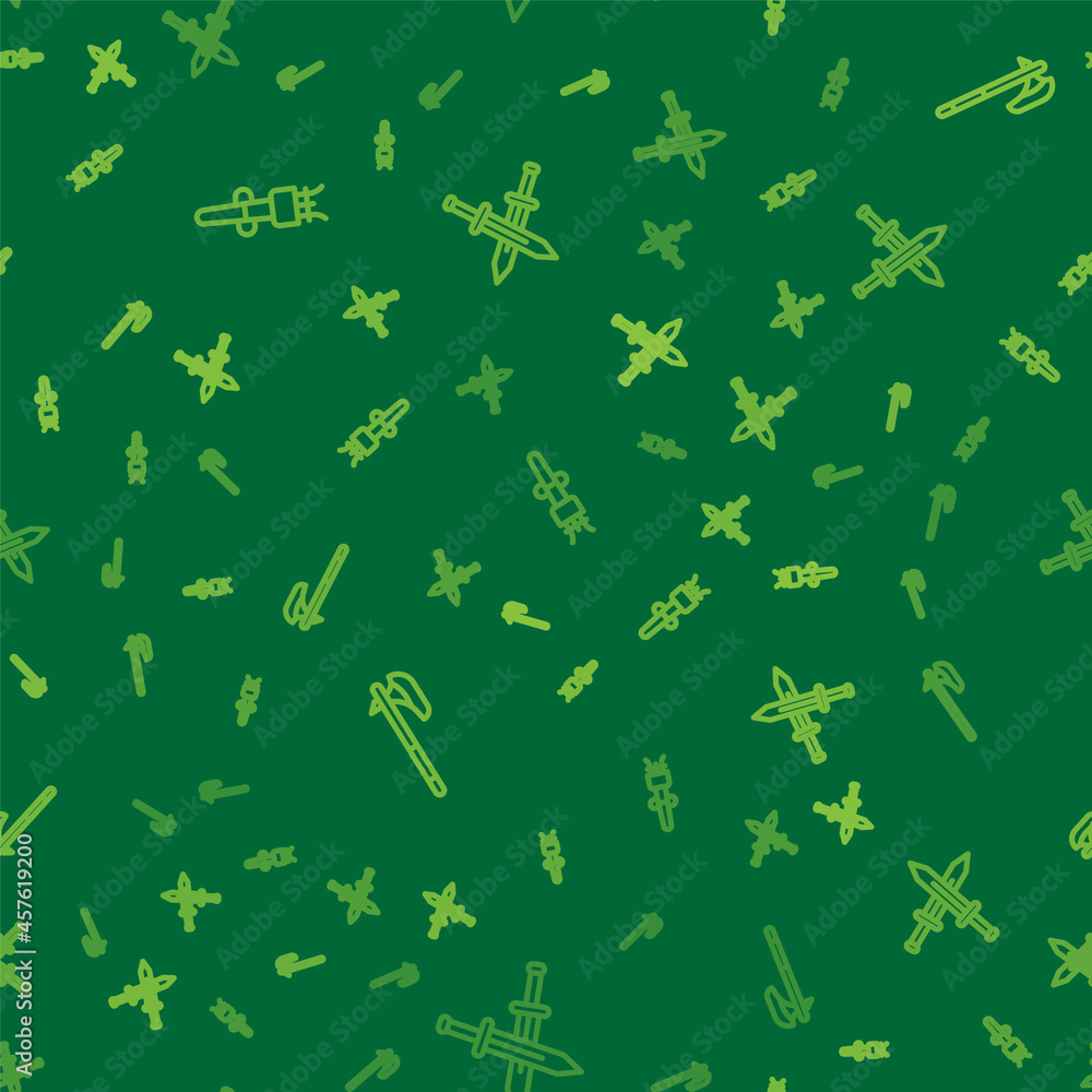 Poster set line torch flame, medieval axe and crossed medieval sword on seamless pattern. vector