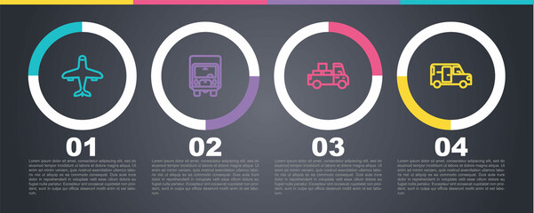 Set line Plane, Delivery cargo truck, and Minibus. Business infographic template. Vector