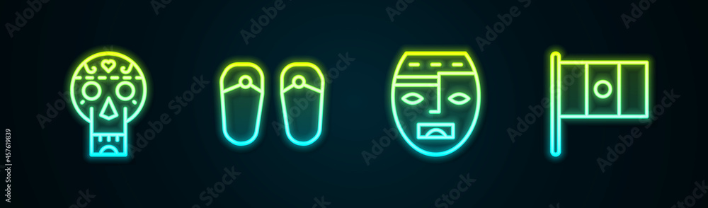 Sticker Set line Mexican skull, Flip flops, Aztec mask and Mexico flag. Glowing neon icon. Vector