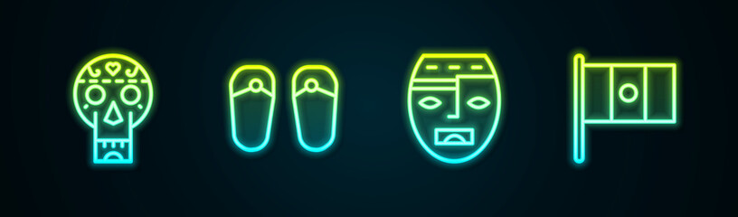 Set line Mexican skull, Flip flops, Aztec mask and Mexico flag. Glowing neon icon. Vector