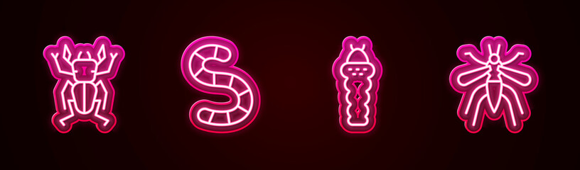 Set line Beetle deer, Worm, Larva insect and Mosquito. Glowing neon icon. Vector