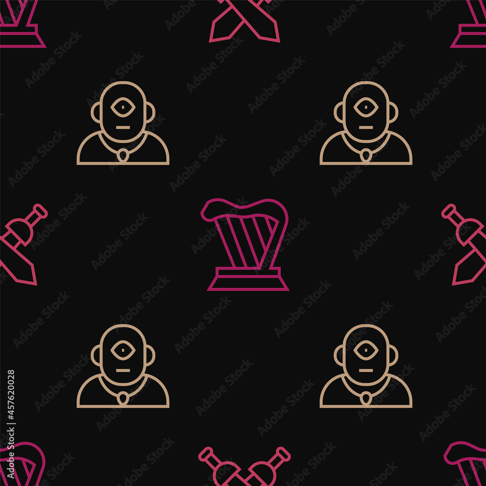 Poster set line crossed medieval sword, cyclops and harp on seamless pattern. vector