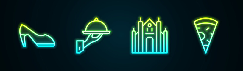 Set line Woman shoe, Covered with tray of food, Milan Cathedral and Slice pizza. Glowing neon icon. Vector