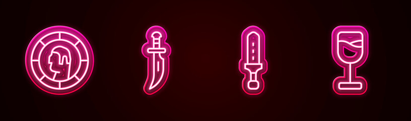 Set line Ancient Greek coin, Dagger, Medieval sword and Wine glass. Glowing neon icon. Vector