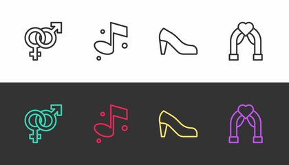 Set line Gender, Music note, Woman shoe and Wedding arch on black and white. Vector