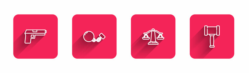 Set line Pistol or gun, Ball on chain, Scales of justice and Judge gavel with long shadow. Red square button. Vector