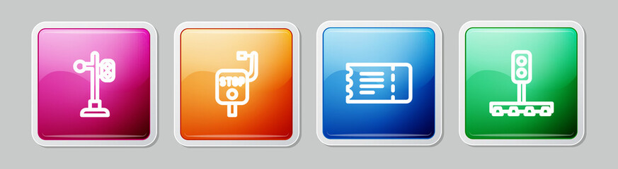 Fototapeta premium Set line Train traffic light, Emergency brake, ticket and . Colorful square button. Vector