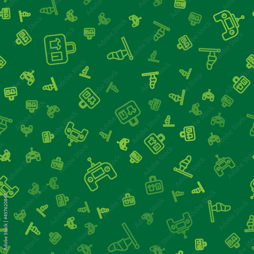 Poster set line suitcase, drone remote control and cone meteorology windsock on seamless pattern. vector