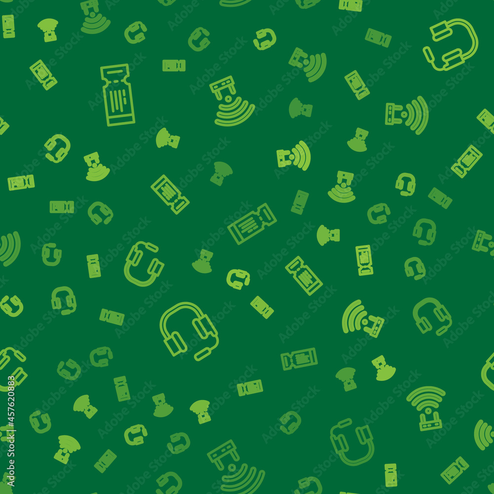 Poster set line airline ticket, headphones with microphone and router and wi-fi signal on seamless pattern.