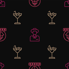 Set line Cruise ship, Cocktail and Tourist on seamless pattern. Vector